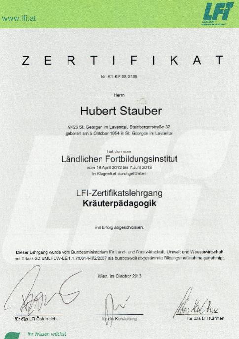 Stauber Hubert Zertifikat